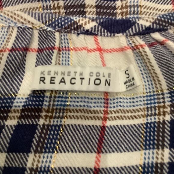 KENNETH COLE REACTION‎ PLAID COLD SHOULDER TUNIC TOP Sz S ( fits like a M) - Picture 6 of 10